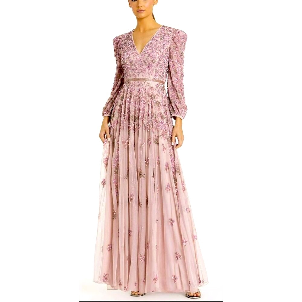 Mac Duggal $798 Pink Maxi Dress Sequin Beaded Embellished V Neck Formal Gown 14